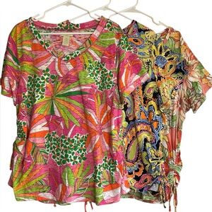 Caribbean Joe Women’s 2X Tropical Print Tops Lot of 3 Ruched Side Tie